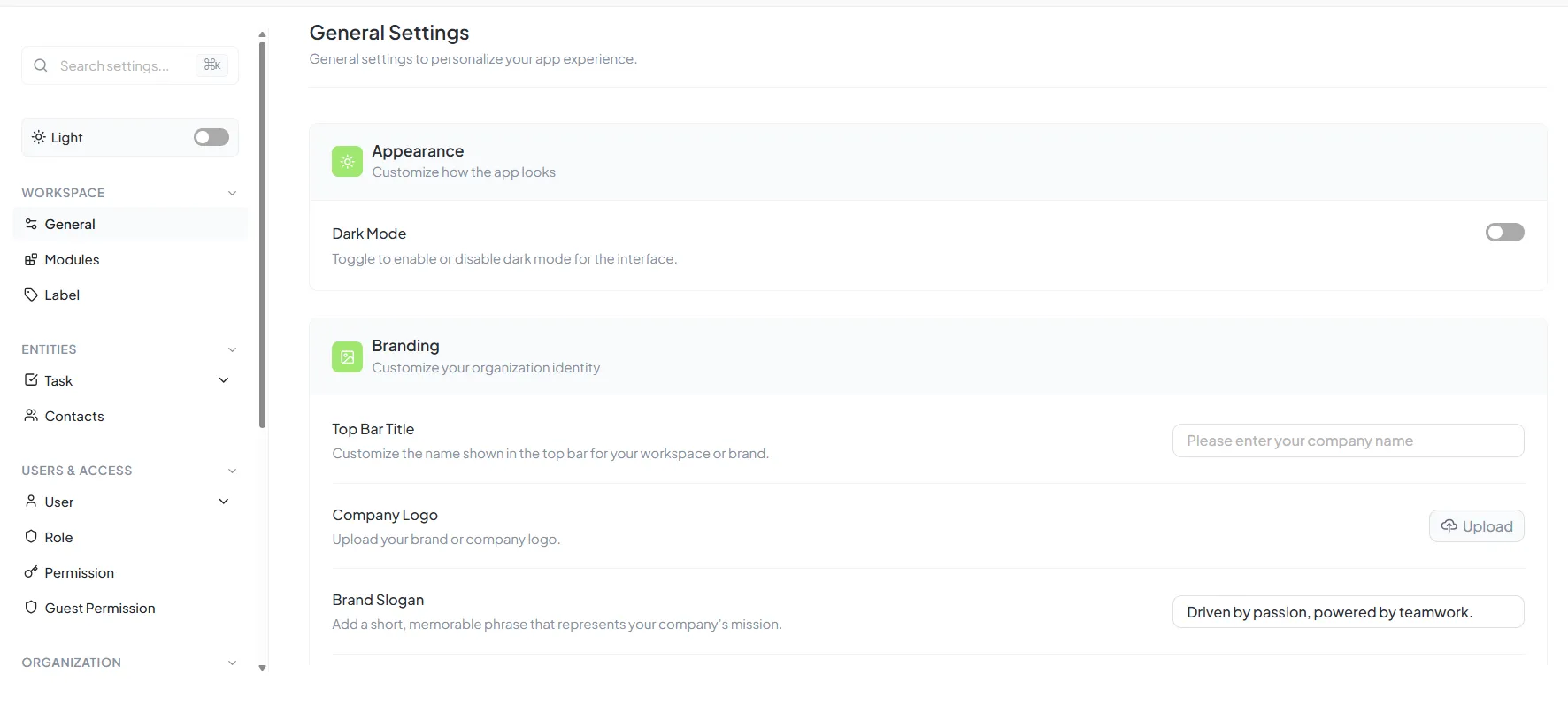 General Settings Interface
